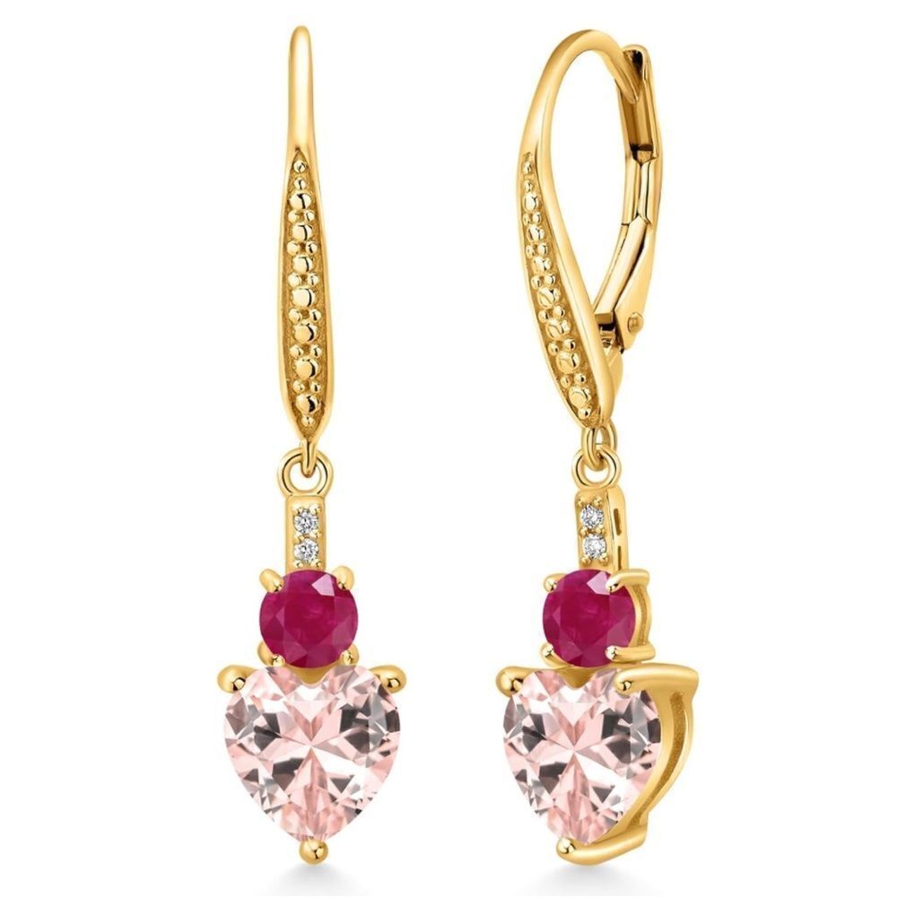 18K Yellow Gold with 3.23 Cttw Peach Morganite and Ruby Heart Leverback Earrings